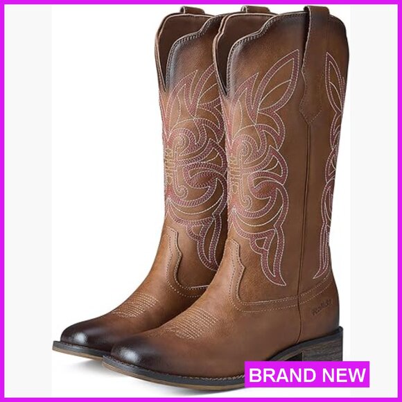 Shoes - Vintage Western Cowgirl Boots Square Toe Mid Calf Chunky Heel Fashion